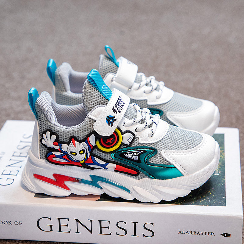 Boys Cartoon Mesh Sneakers with Hook-and-Loop Strap Closure