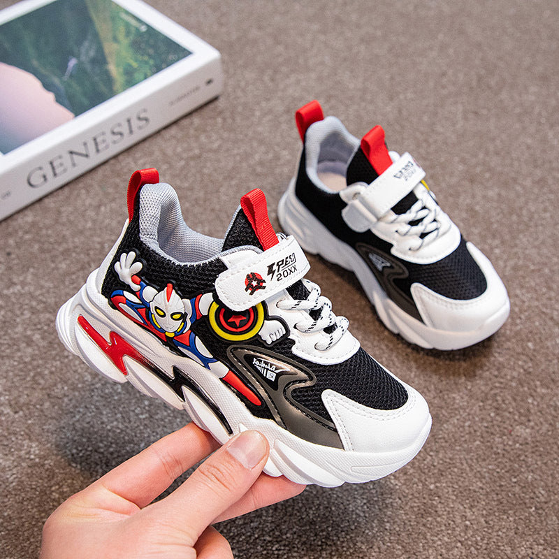 Boys Cartoon Mesh Sneakers with Hook-and-Loop Strap Closure