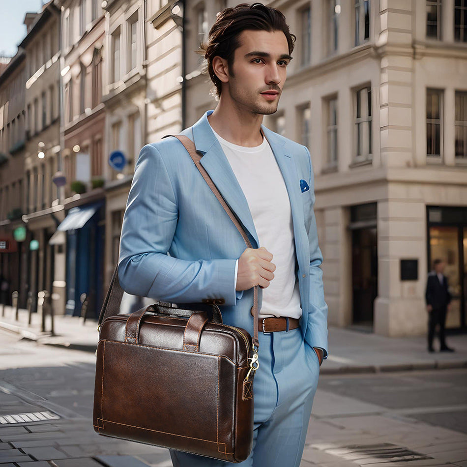 Men's Laptop Top Layer Cowhide Leather Briefcase Bag