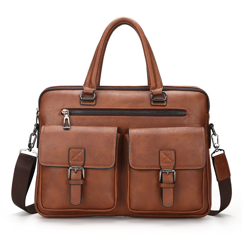 Men's 14" Laptop Waterproof PU Retro Double Pocket Briefcase