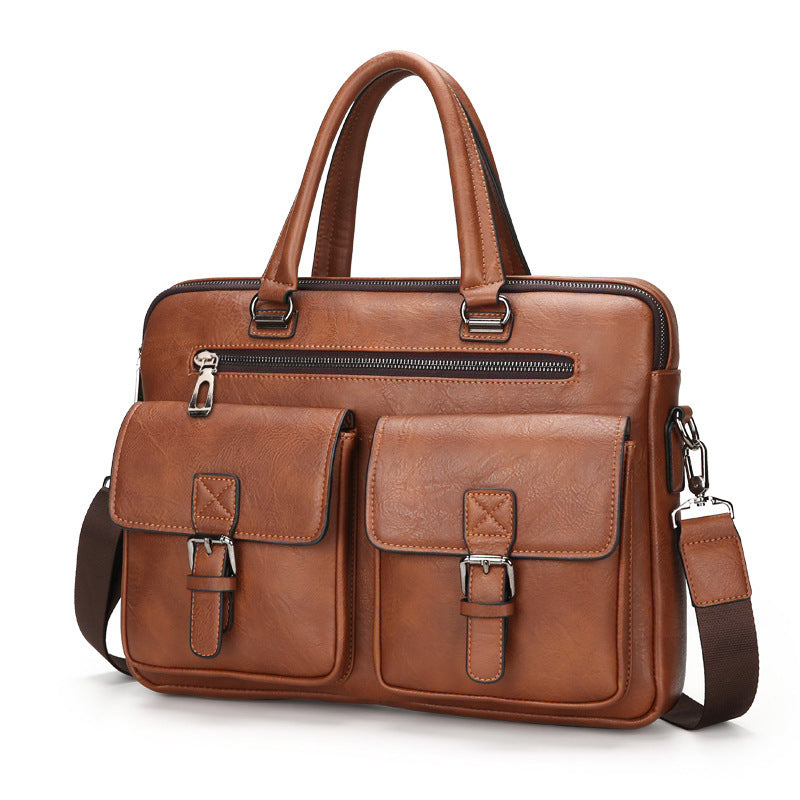 Men's 14" Laptop Waterproof PU Retro Double Pocket Briefcase