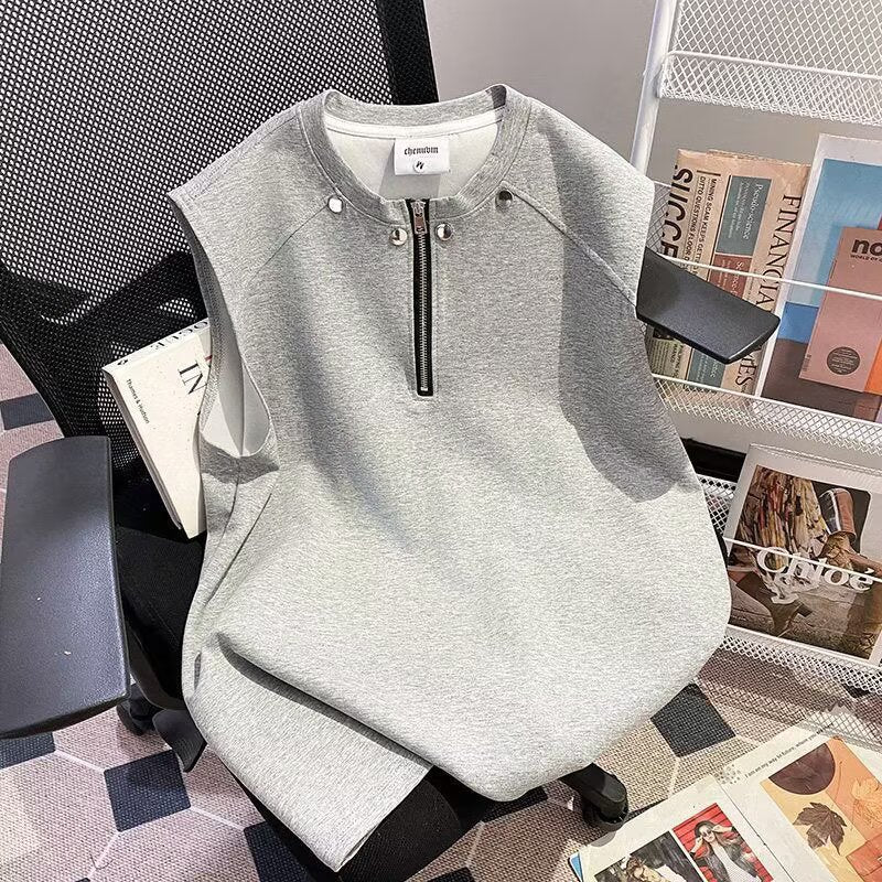 Men's Heavyweight Half-Zip Vest, Sleeveless Solid Color Tank Top