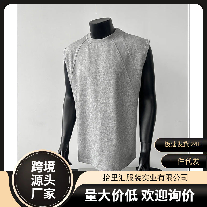 Men's Gray Patchwork Boxy Sleeveless T-Shirt, American Style