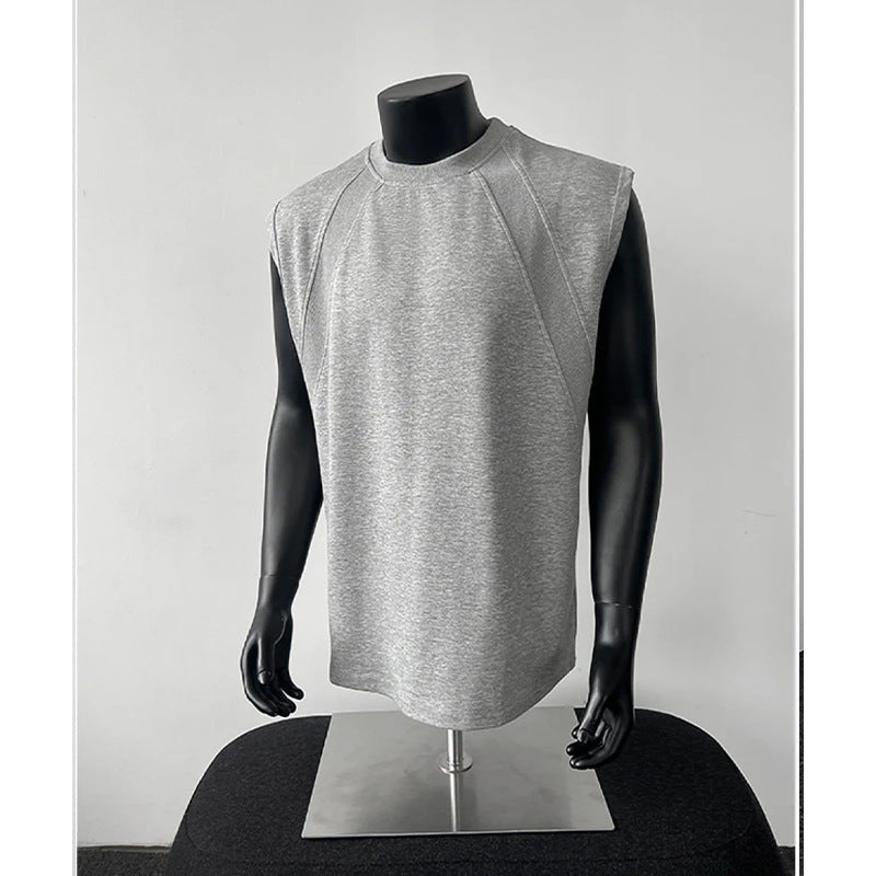 Men's Gray Patchwork Boxy Sleeveless T-Shirt, American Style