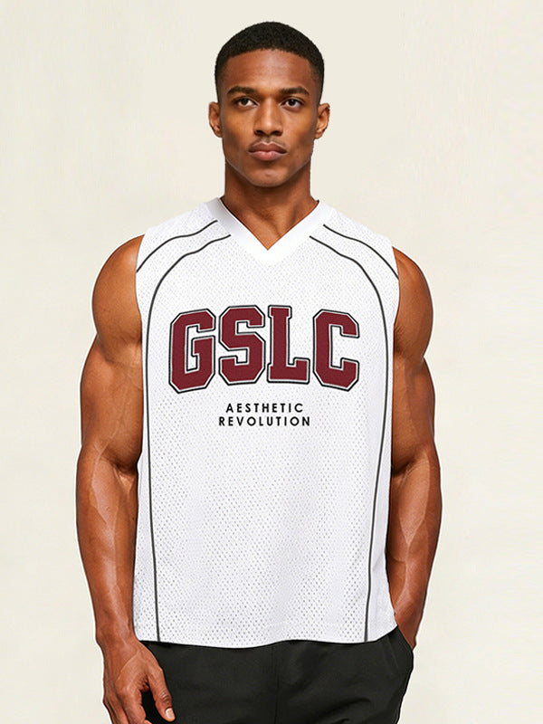 Men's V-Neck Printed Sports Vest, Quick-Dry Breathable Sleeveless