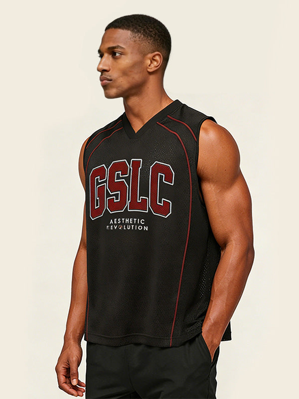 Men's V-Neck Printed Sports Vest, Quick-Dry Breathable Sleeveless