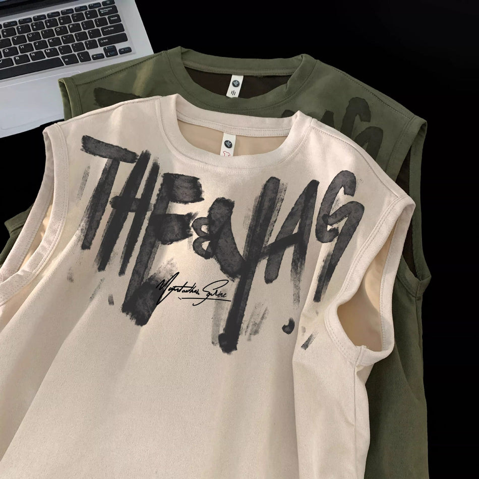 Men's Suede Graffiti Vest, Loose Fit Sleeveless Streetwear Top