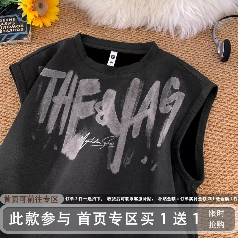 Men's Suede Graffiti Vest, Loose Fit Sleeveless Streetwear Top