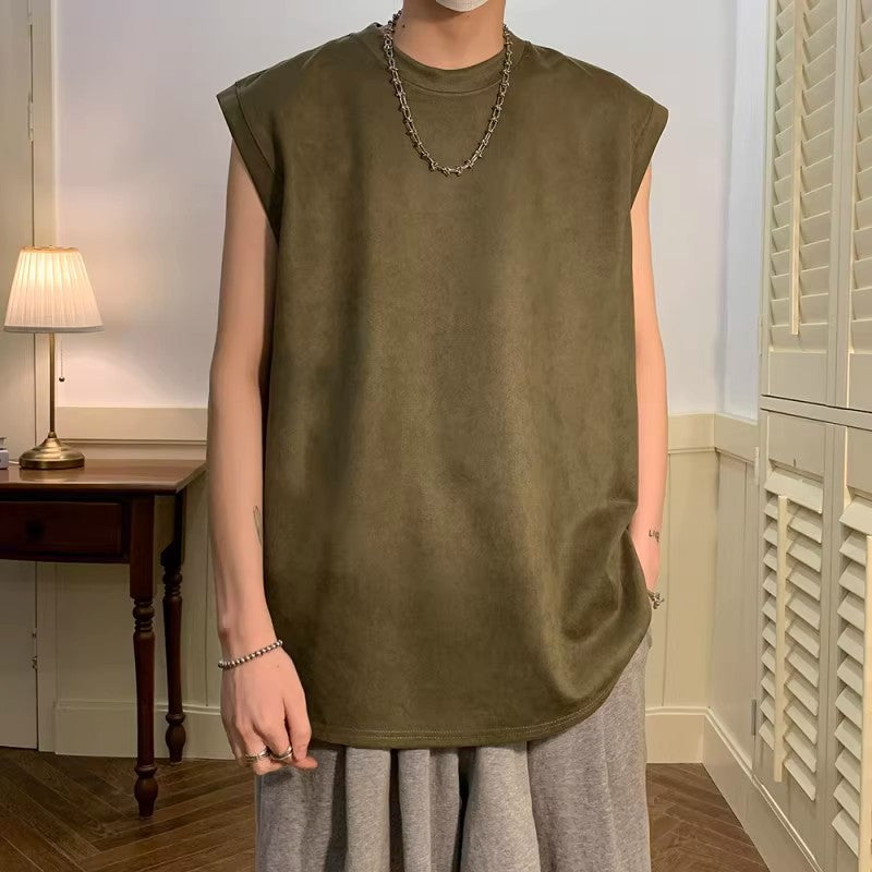 Men's Heavy Suede Vest, Loose American Style Sleeveless Top