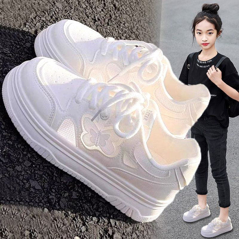 Girls' College Style Breathable Mesh White Sneakers
