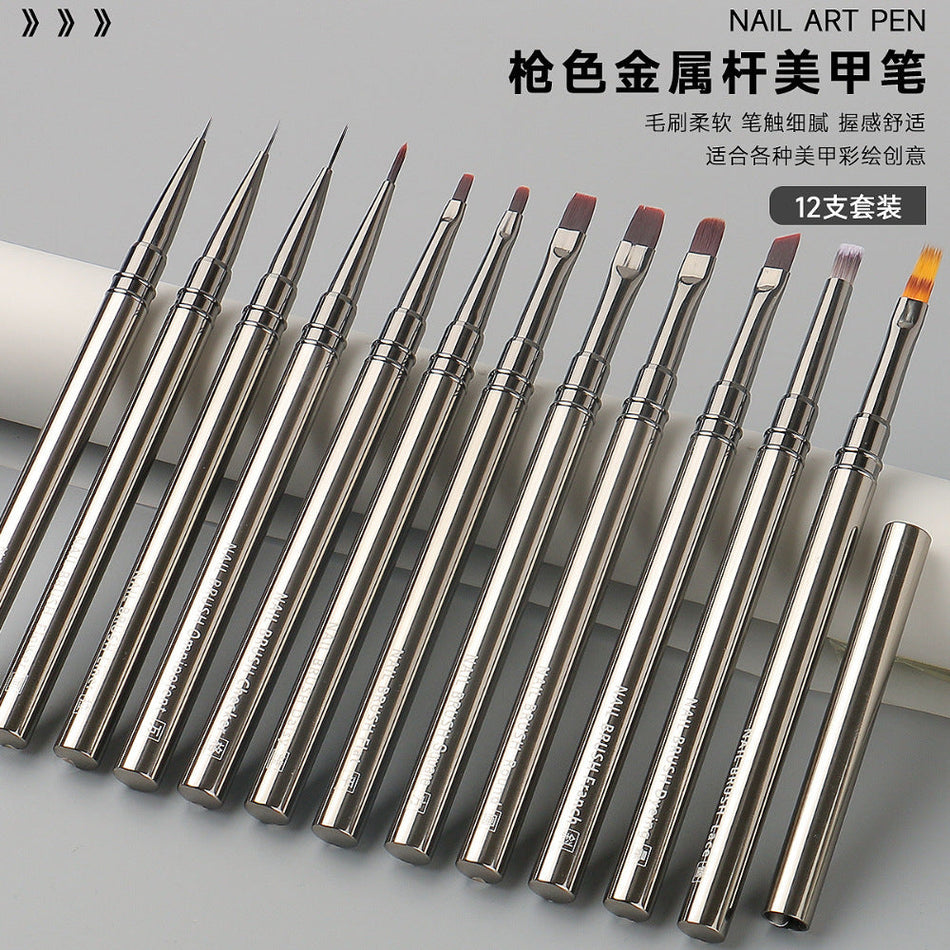 12-Piece Stainless Steel Nail Art Brush Set with Metal Handles
