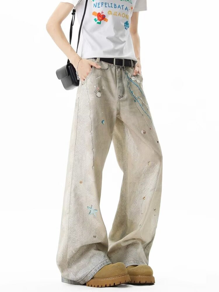 Men's Letter Print Denim Jeans Hip-Hop Casual Streetwear Pants