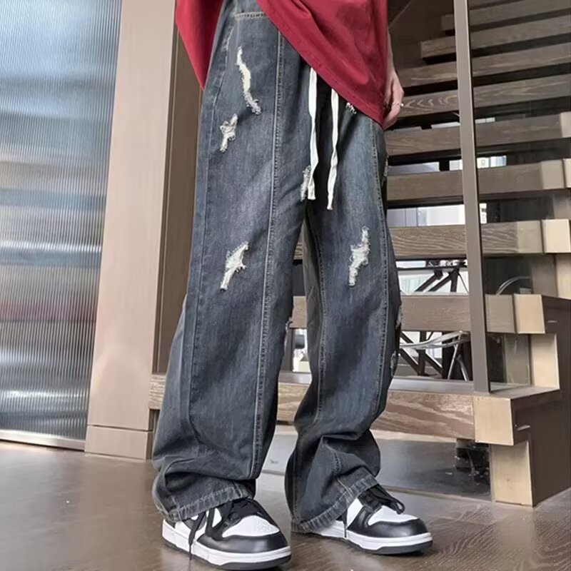 Men's Light Blue Ripped Bootcut Jeans Loose Straight Fit