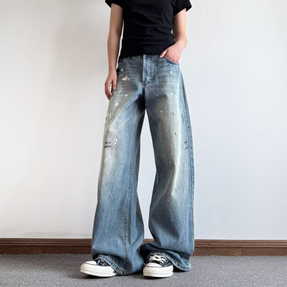 Men's Retro Splatter Wash Distressed Wide-Leg Straight Jeans