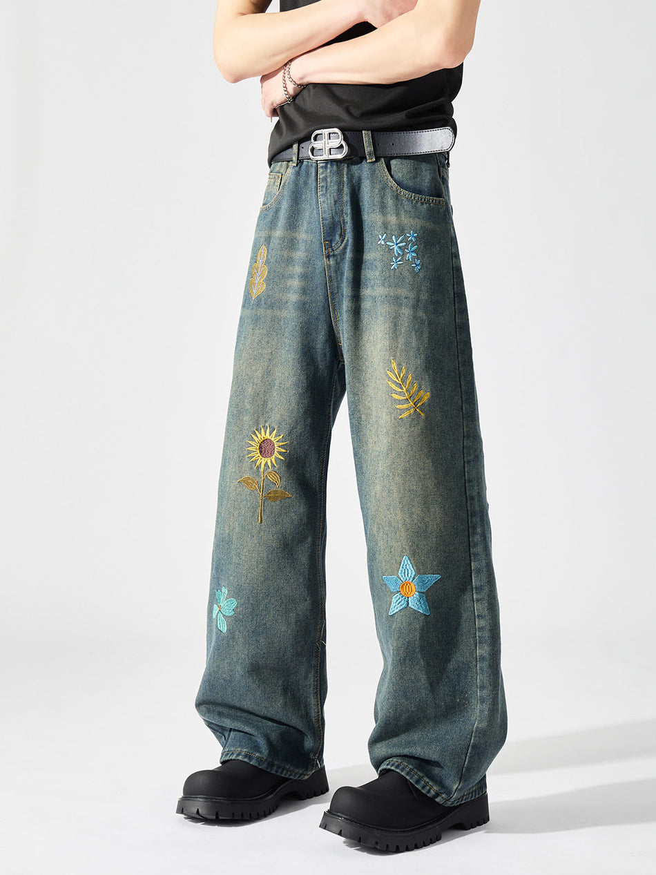 Men's Retro Floral Embroidered Straight-Leg Casual Jeans