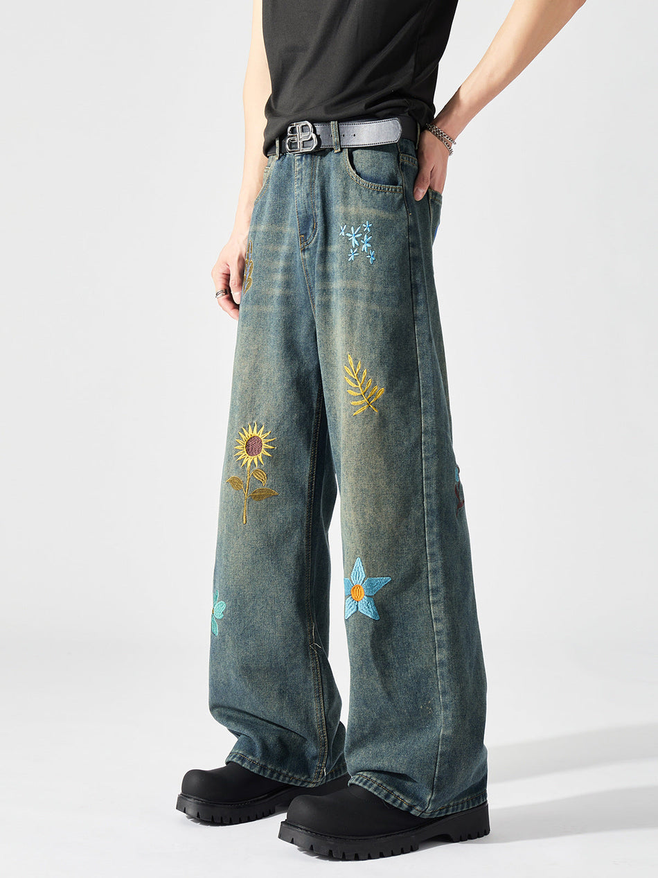 Men's Retro Floral Embroidered Straight-Leg Casual Jeans