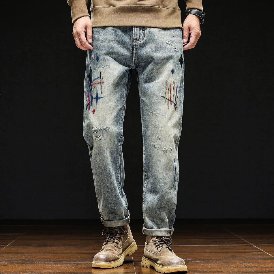 Men's American Style Embroidered Loose Straight-Leg Jeans