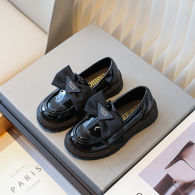 Girls' British Style Patent Leather Loafers with Bow Detail