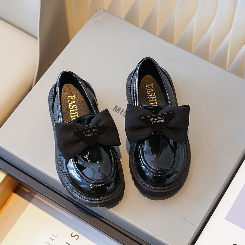 Girls' British Style Patent Leather Loafers with Bow Detail