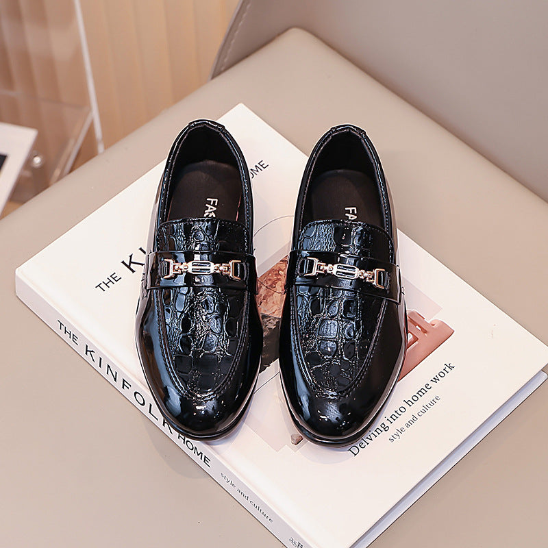 Girls' British Style Patent Leather Loafers, Metal Buckle