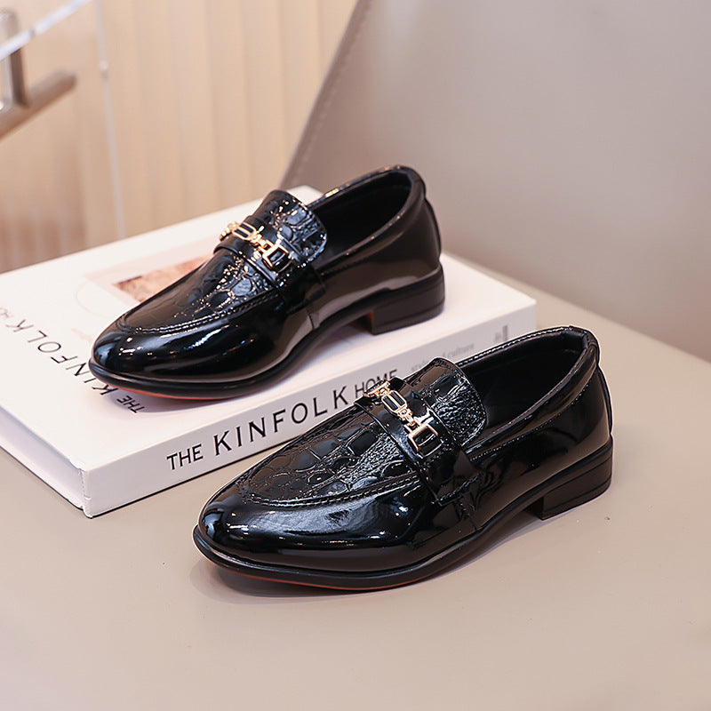 Girls' British Style Patent Leather Loafers, Metal Buckle