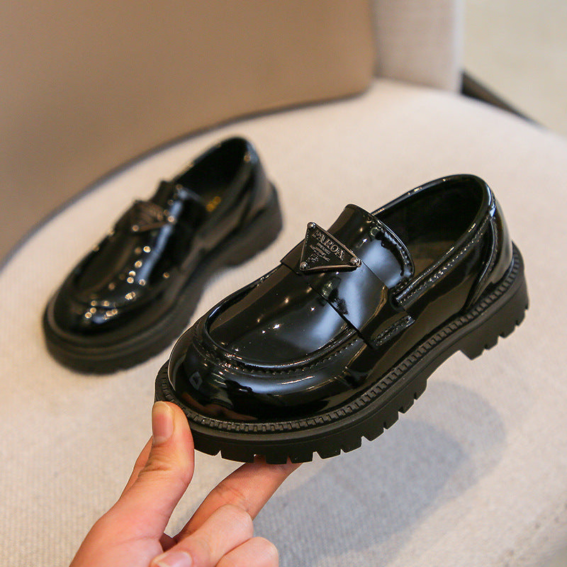 Girls' Black Shiny Leather Loafers, Soft-Soled Student Shoes
