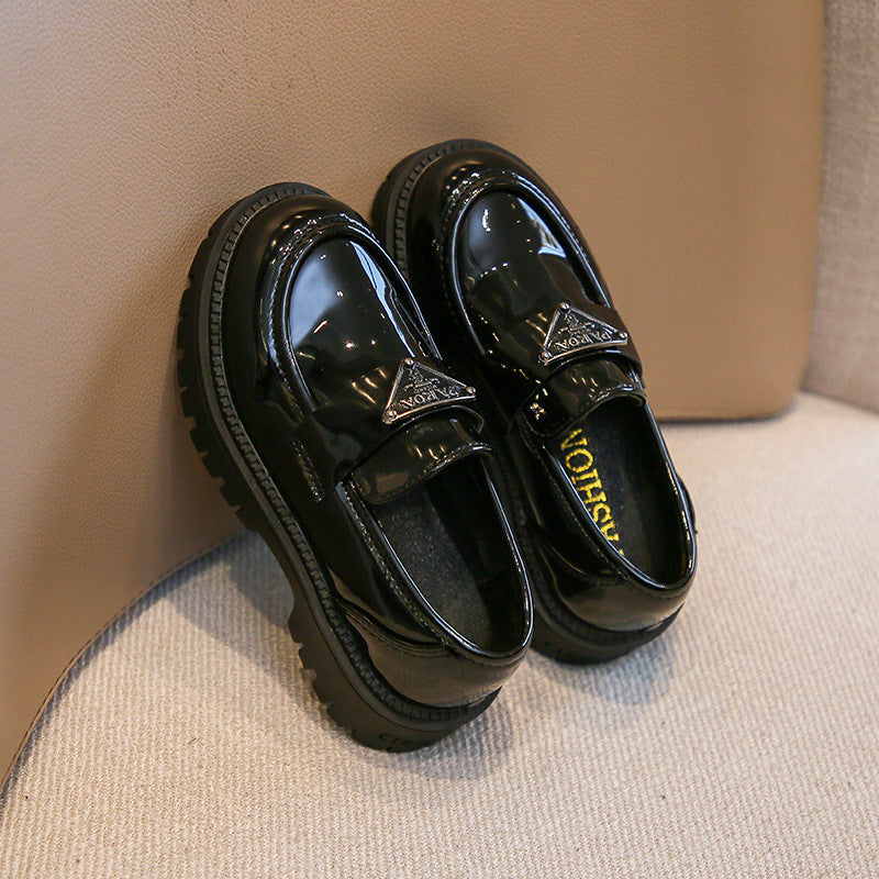 Girls' Black Shiny Leather Loafers, Soft-Soled Student Shoes
