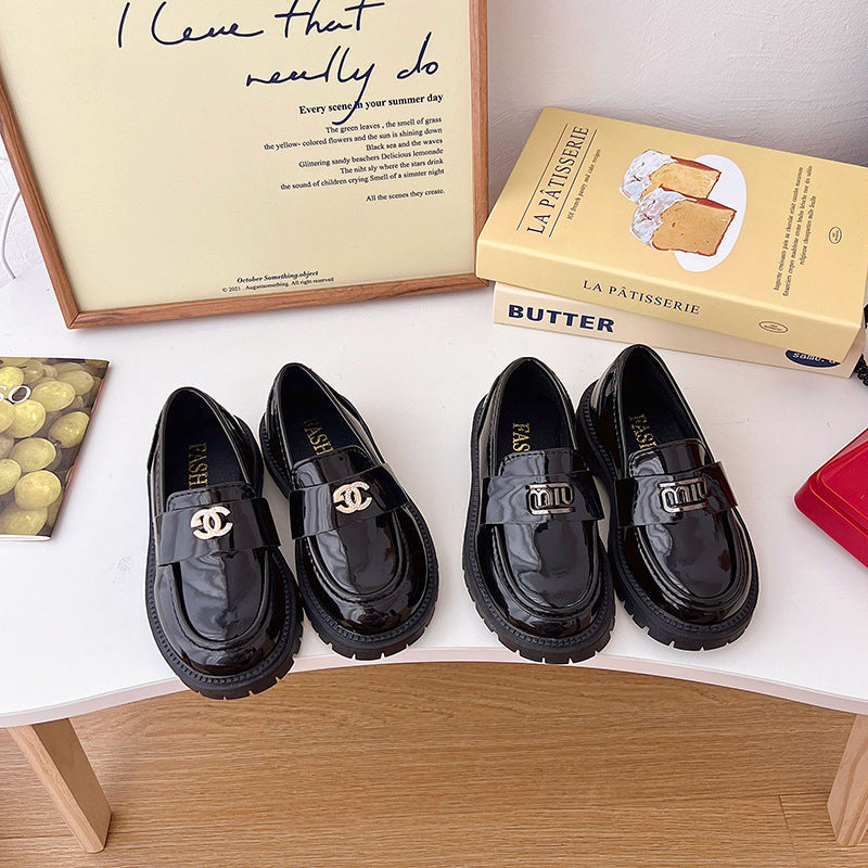 Kids' British Style Patent Leather Loafers with Metal Buckle