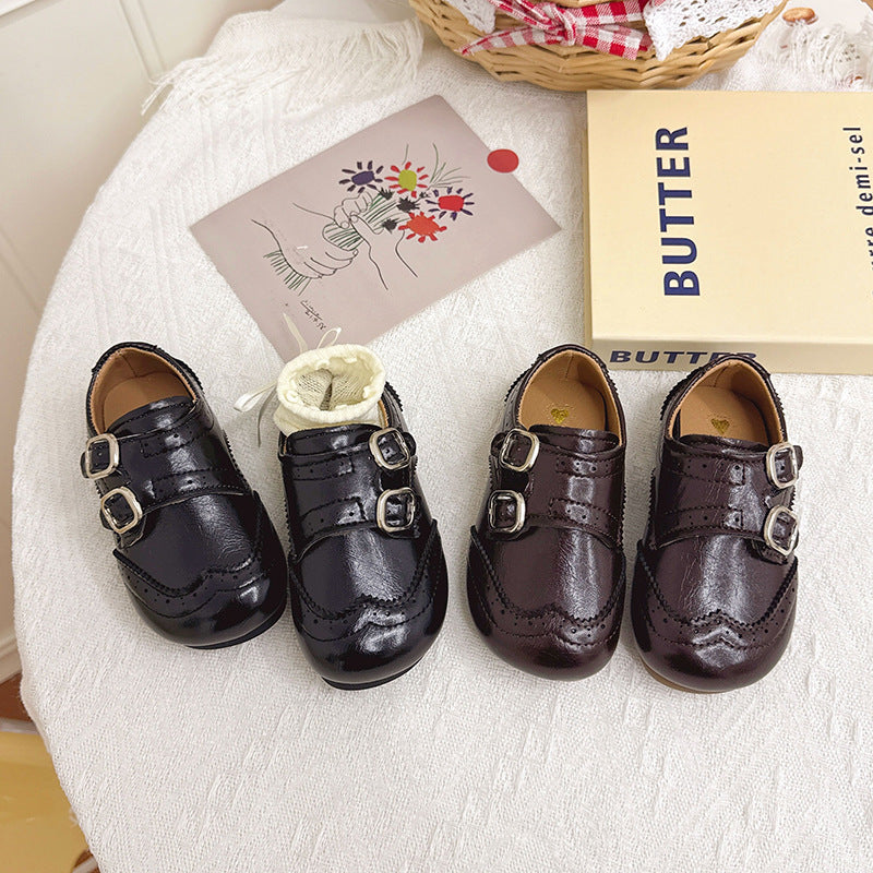 Girls' British Style Patent Leather Loafers with Double Buckle