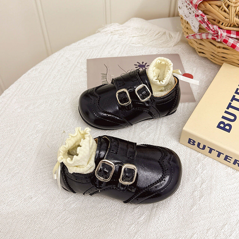 Girls' British Style Patent Leather Loafers with Double Buckle