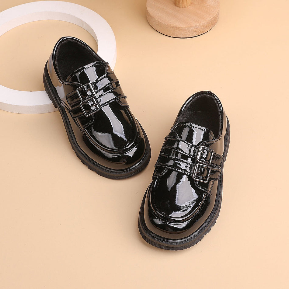 Kids' Black British Style Leather Shoes, Belt Buckle