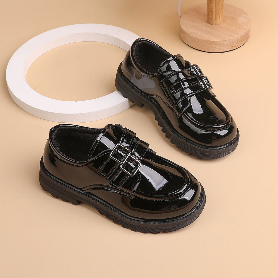 Kids' Black British Style Leather Shoes, Belt Buckle