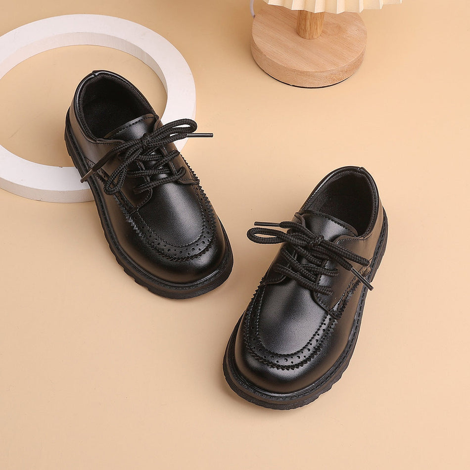 Boys' Black British Style Leather Shoes, Front Tie
