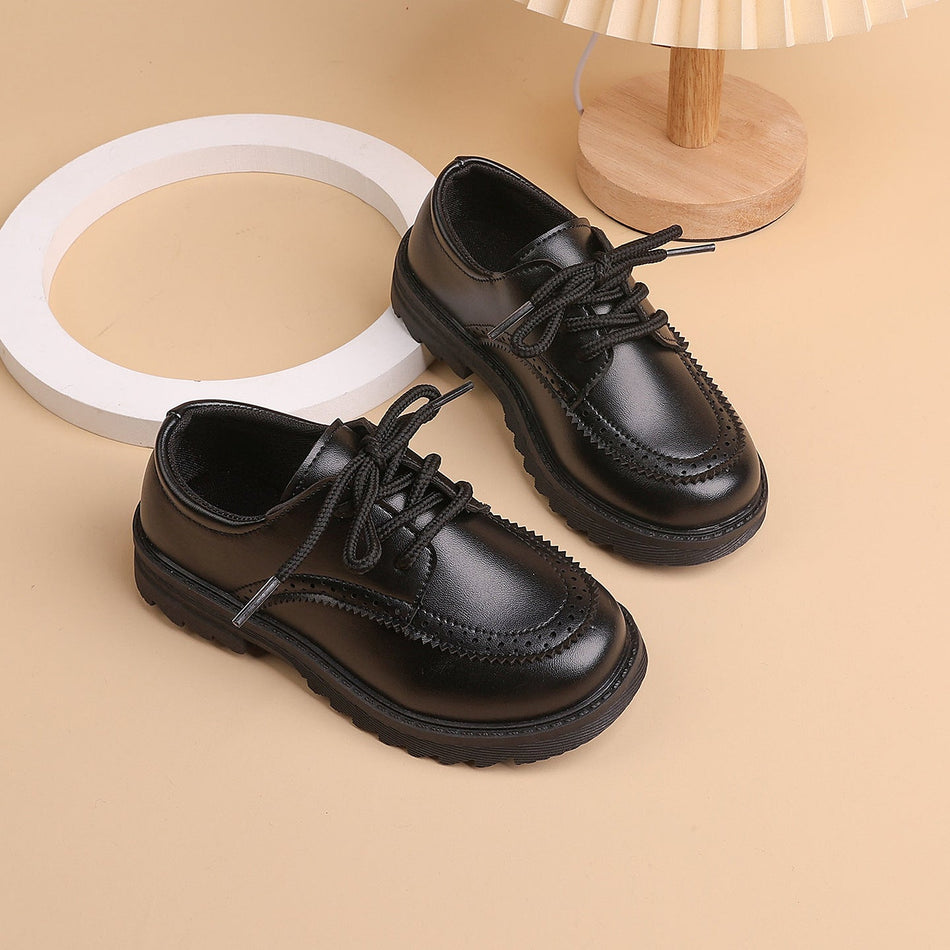 Boys' Black British Style Leather Shoes, Front Tie