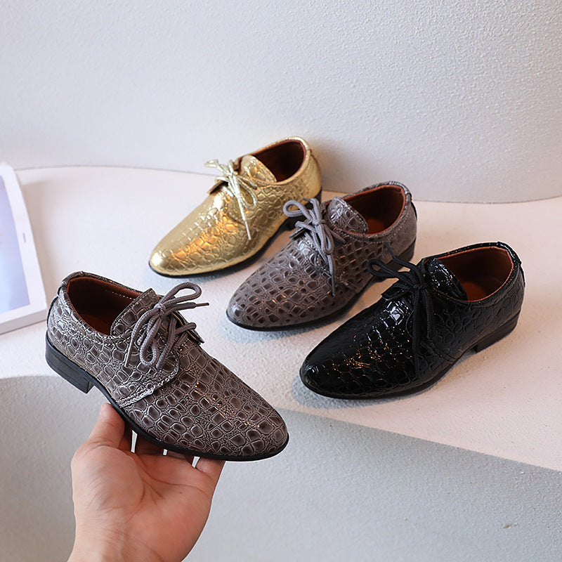 Boys' Pointed Gold Embossed Leather Shoes, British Style