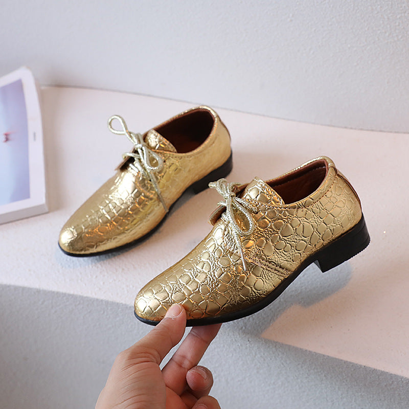 Boys' Pointed Gold Embossed Leather Shoes, British Style