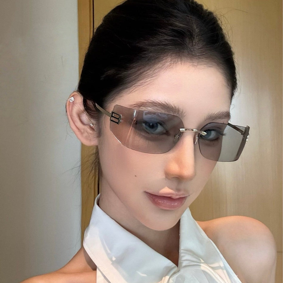 Unisex Frameless Curved Sunglasses Gray UV Protection Street