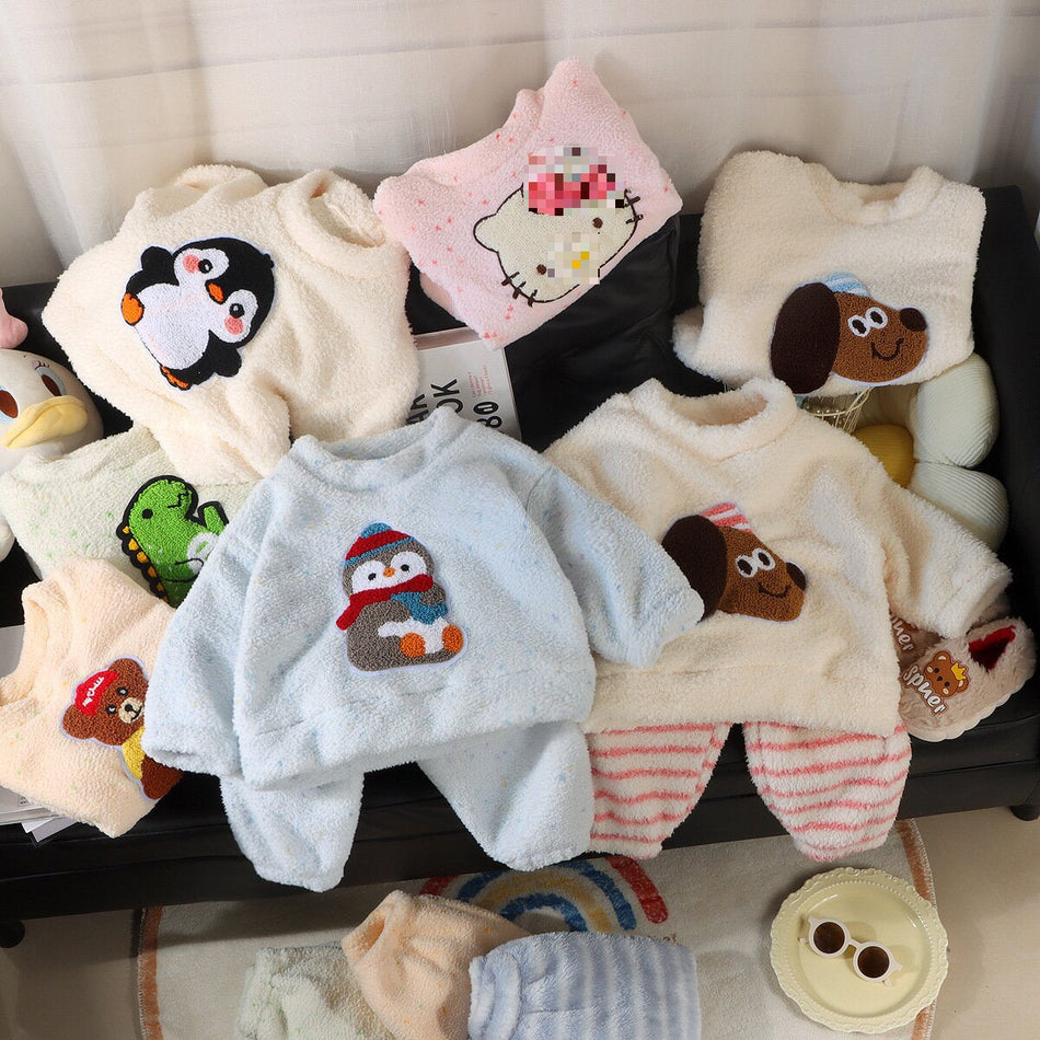 Kids Half-Velvet Pajama Set Warm Cartoon Home Clothes