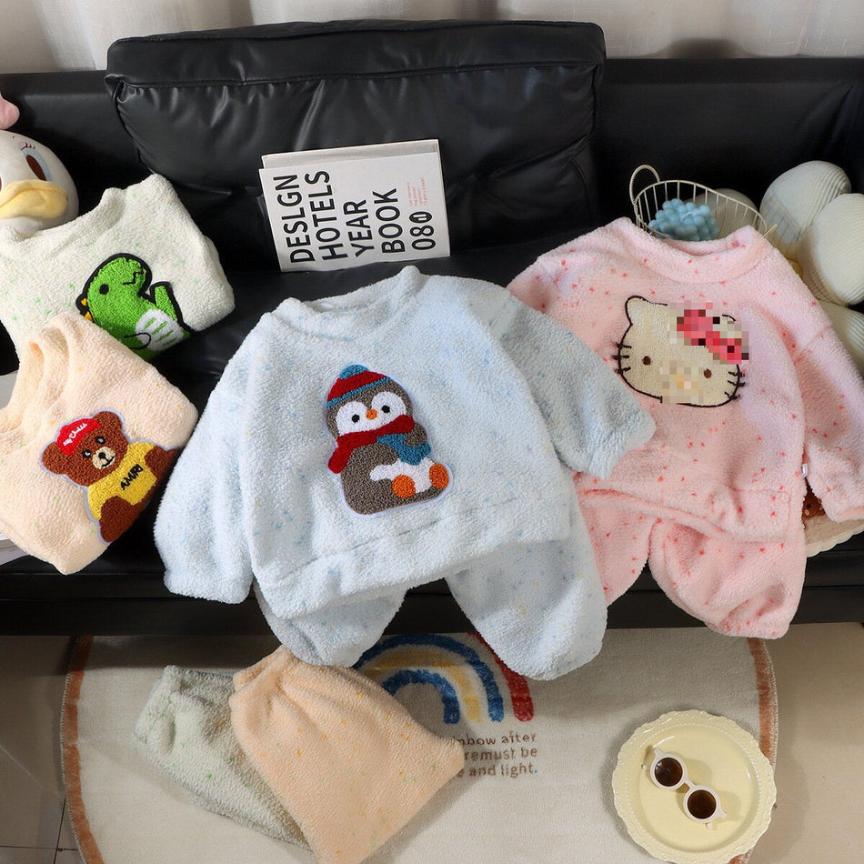 Kids Half-Velvet Pajama Set Warm Cartoon Home Clothes