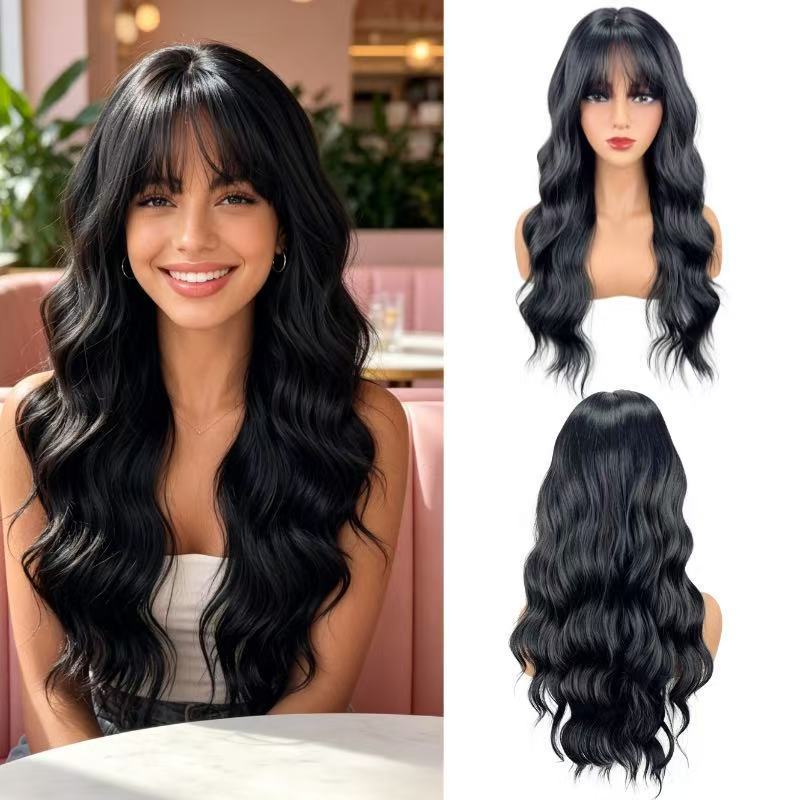 Long Curly Black Wig with Bangs Natural Fiber