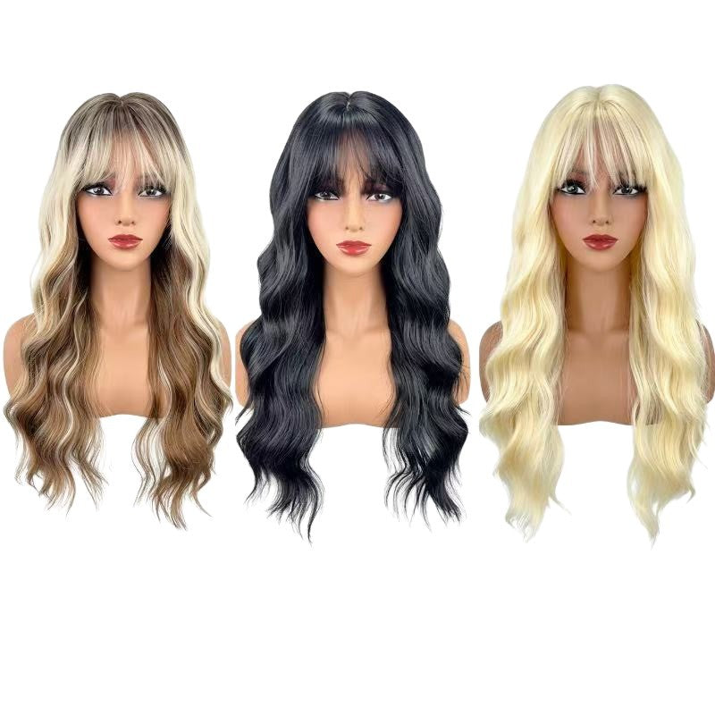 Long Curly Black Wig with Bangs Natural Fiber