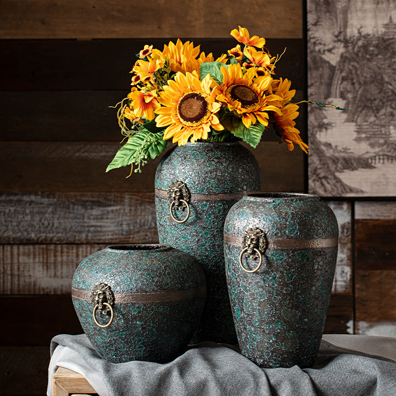 Retro Ceramic Vase with Metal Blue Copper Ring Accent