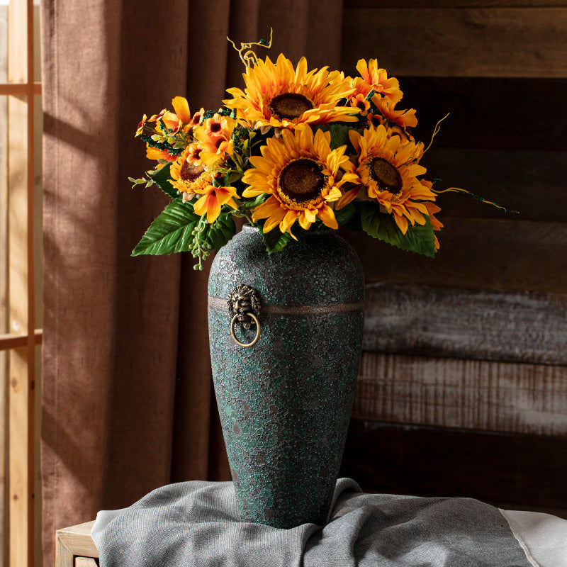 Retro Ceramic Vase with Metal Blue Copper Ring Accent