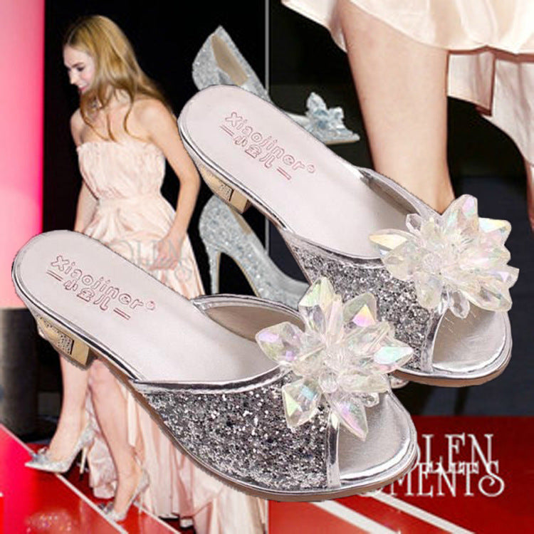 Girls' Open-Toe Sequin Princess Sandals with Rhinestones