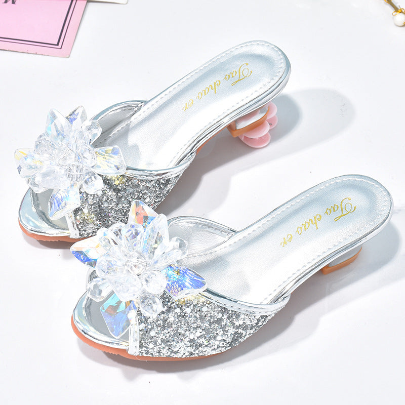 Girls' Open-Toe Sequin Princess Sandals with Rhinestones