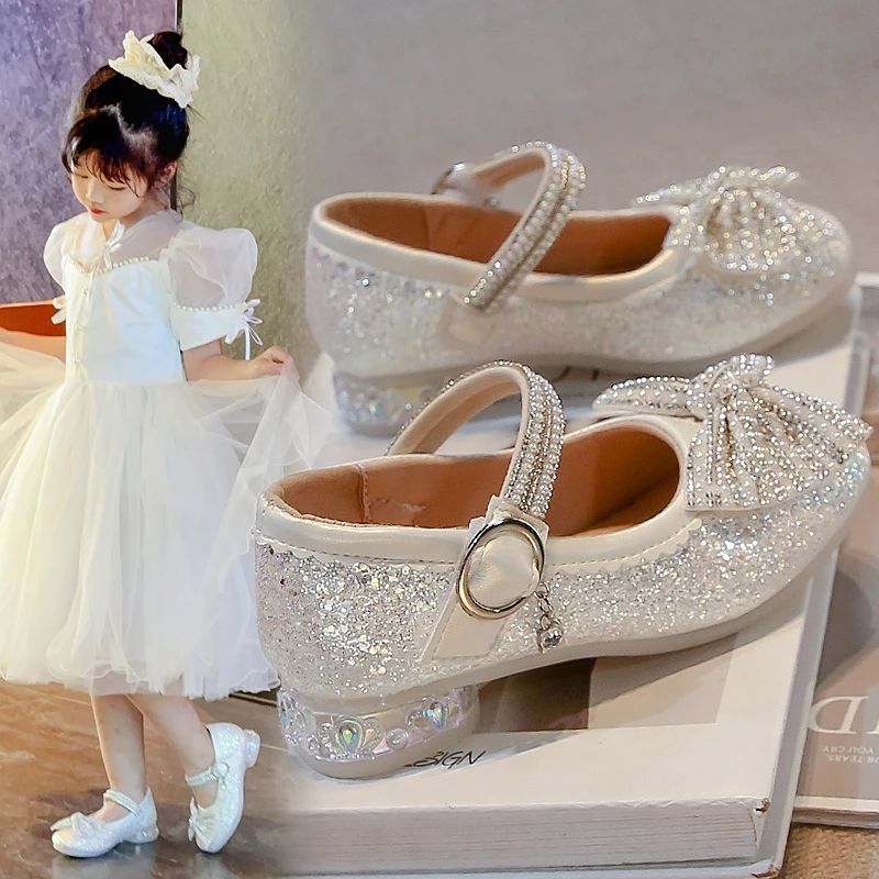 Girls' Sparkling Princess Leather Shoes, Soft-Sole Heels