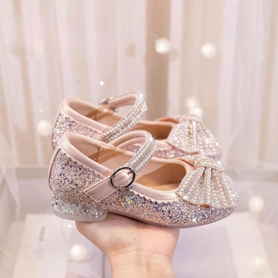 Girls' Sparkling Princess Leather Shoes, Soft-Sole Heels