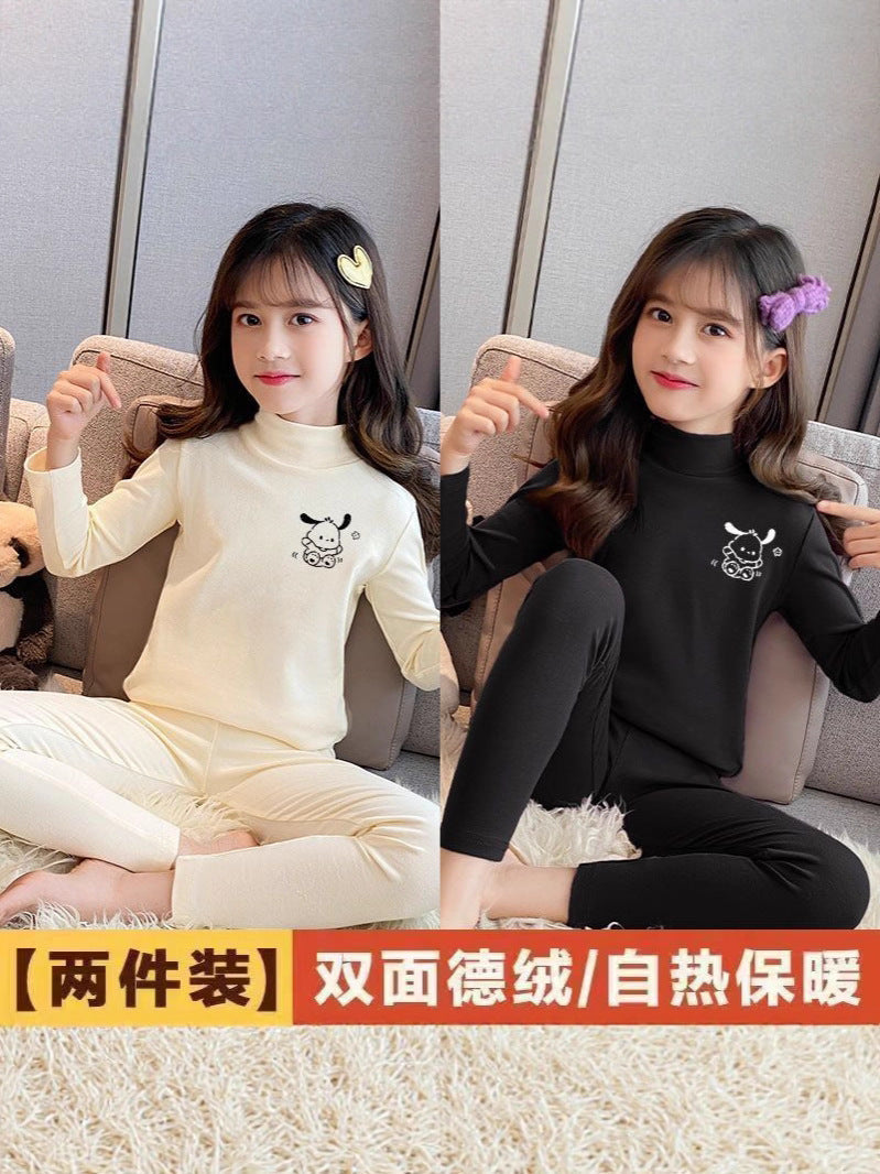 Girls' Cartoon Half-High Collar Thermal Two-Piece Set