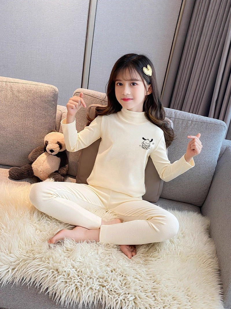 Girls' Cartoon Half-High Collar Thermal Two-Piece Set