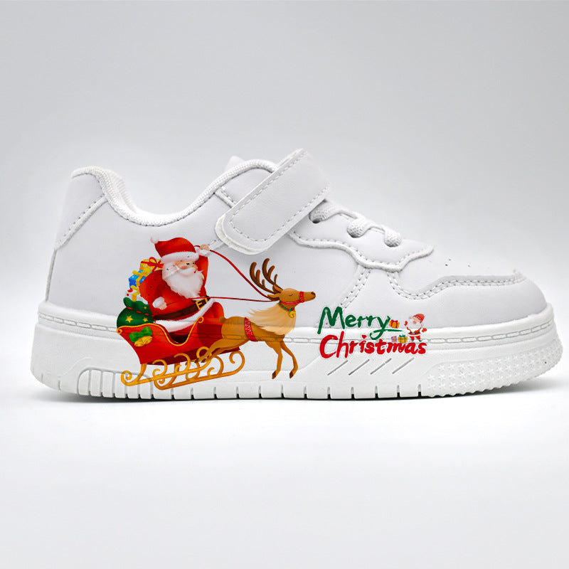 Santa Cartoon Print Sneakers, Soft-Sole Campus Shoes